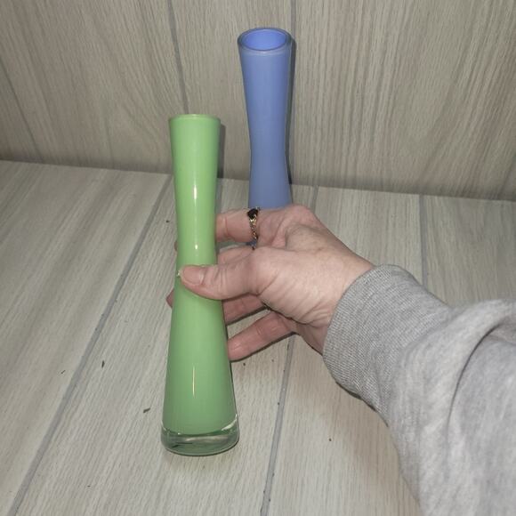 Vintage Frosted Blue And Green Hour Glass Shaped Bud Vases MCM  8.5" Unique - Picture 5 of 7